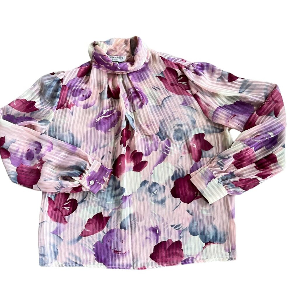 Vintage Mock Neck Floral Print Semi-Sheer Blouse USA L